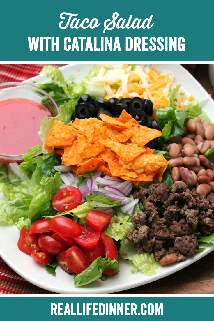 a pinterest collage photo of taco salad with catalina dressing. it has one picture in it.