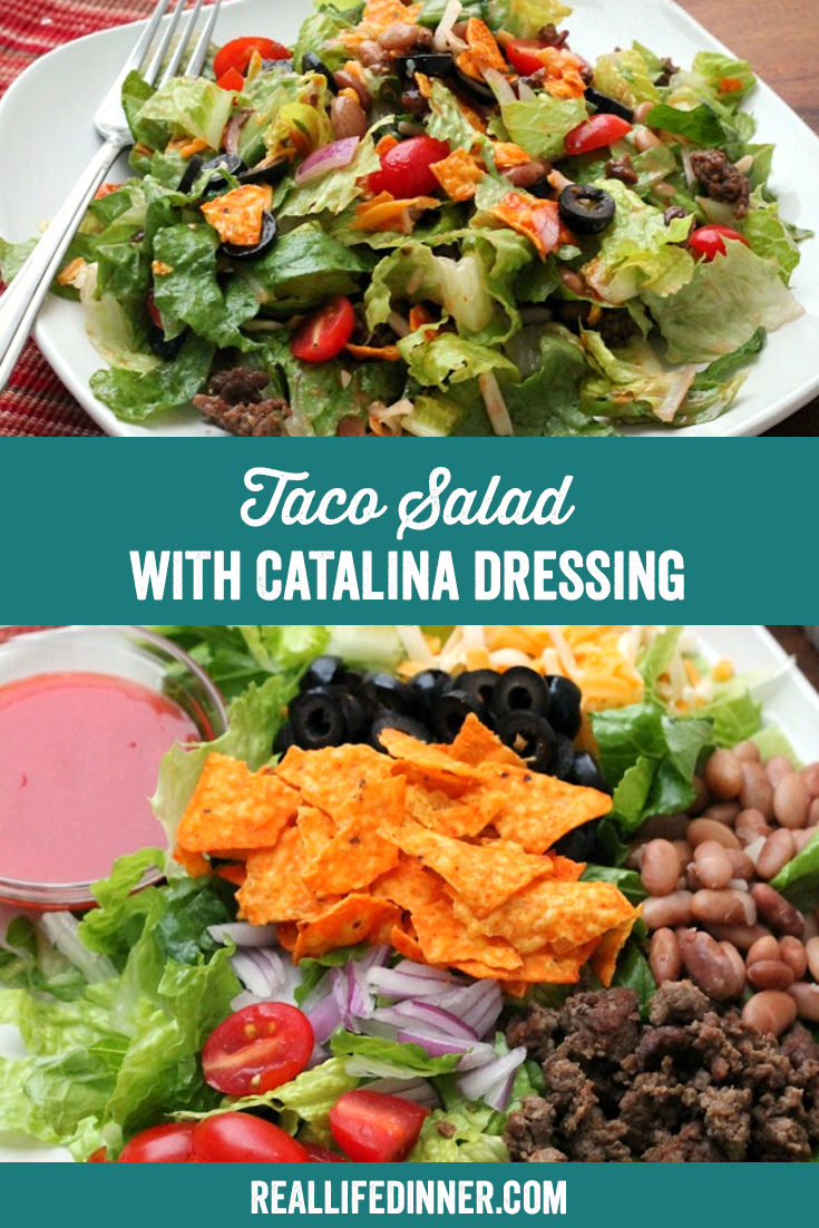 a pinterest collage photo of taco salad with catalina dressing. it has one photo in it.