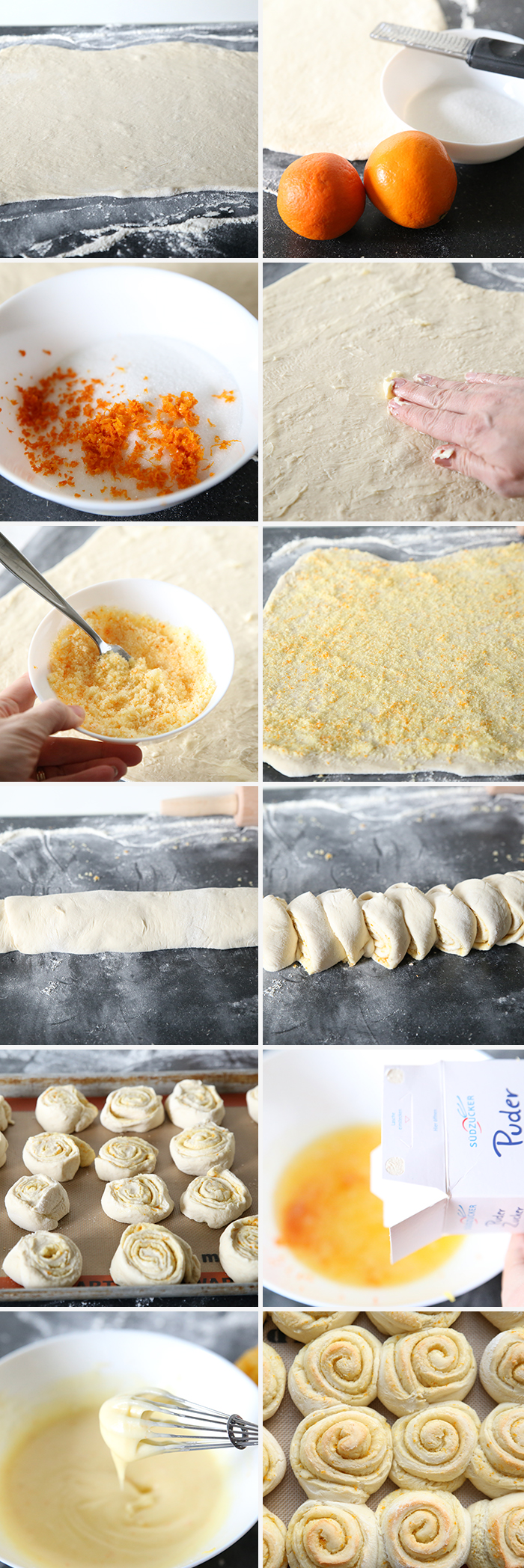 12-photo picture collage of step-by-step photos on how to make Easy Homemade Orange Rolls