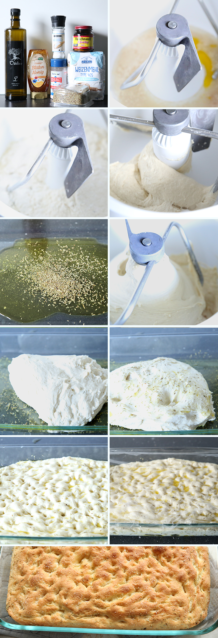 11-photo picture collage of step-by-step photos on how to make Focaccia Bread Recipe.