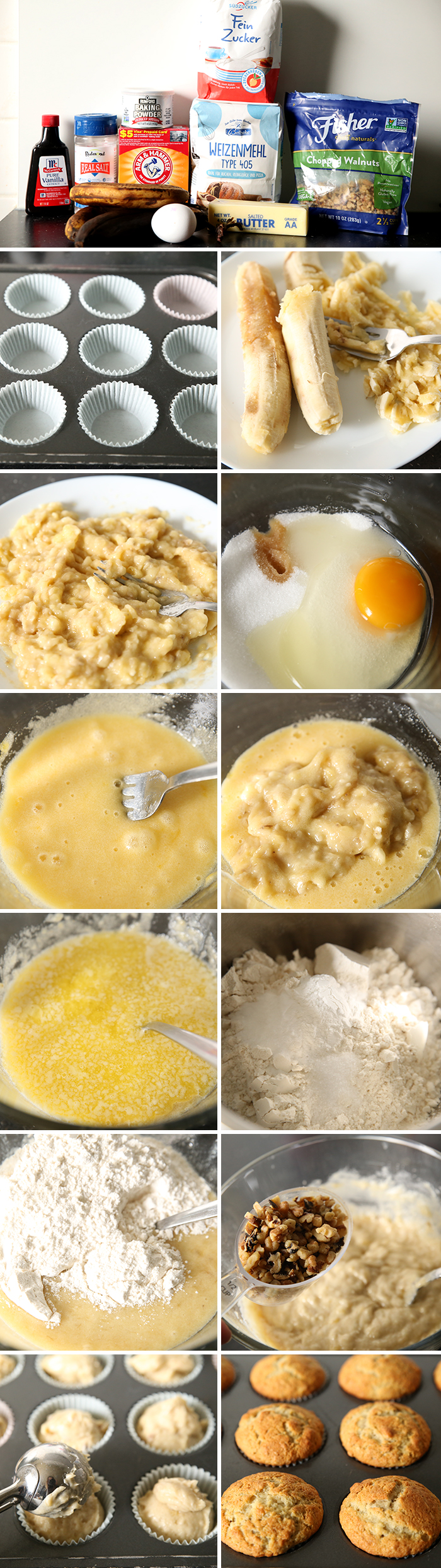13-photo picture collage of step-by-step photos on how to make Banana Nut Muffins.
