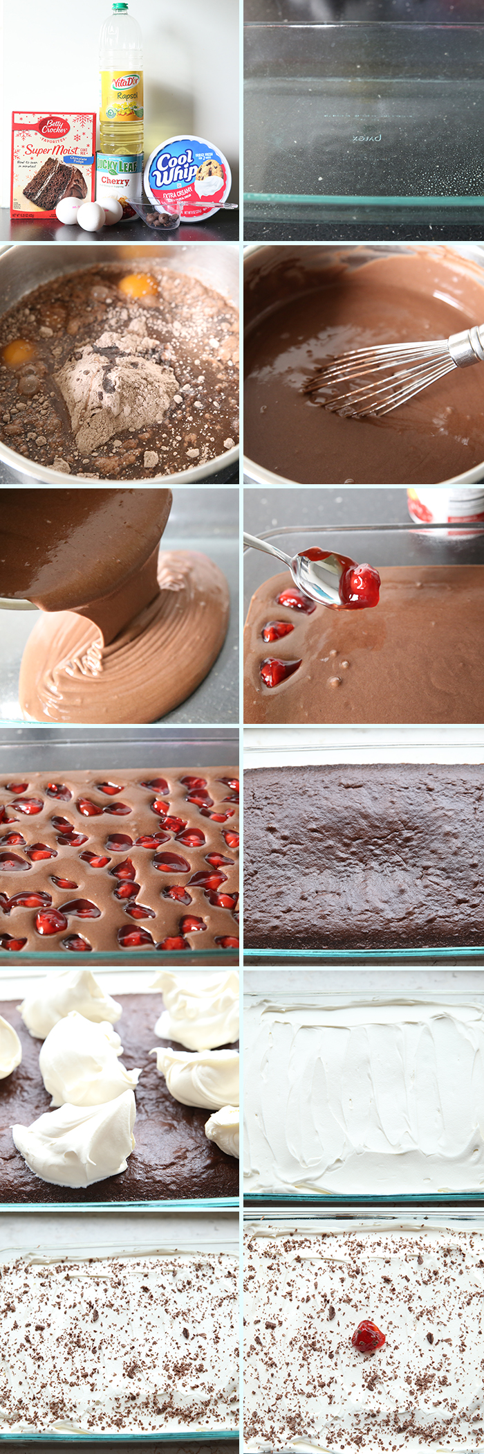 12-photo picture collage of how to make Easy Black Forest Cake.