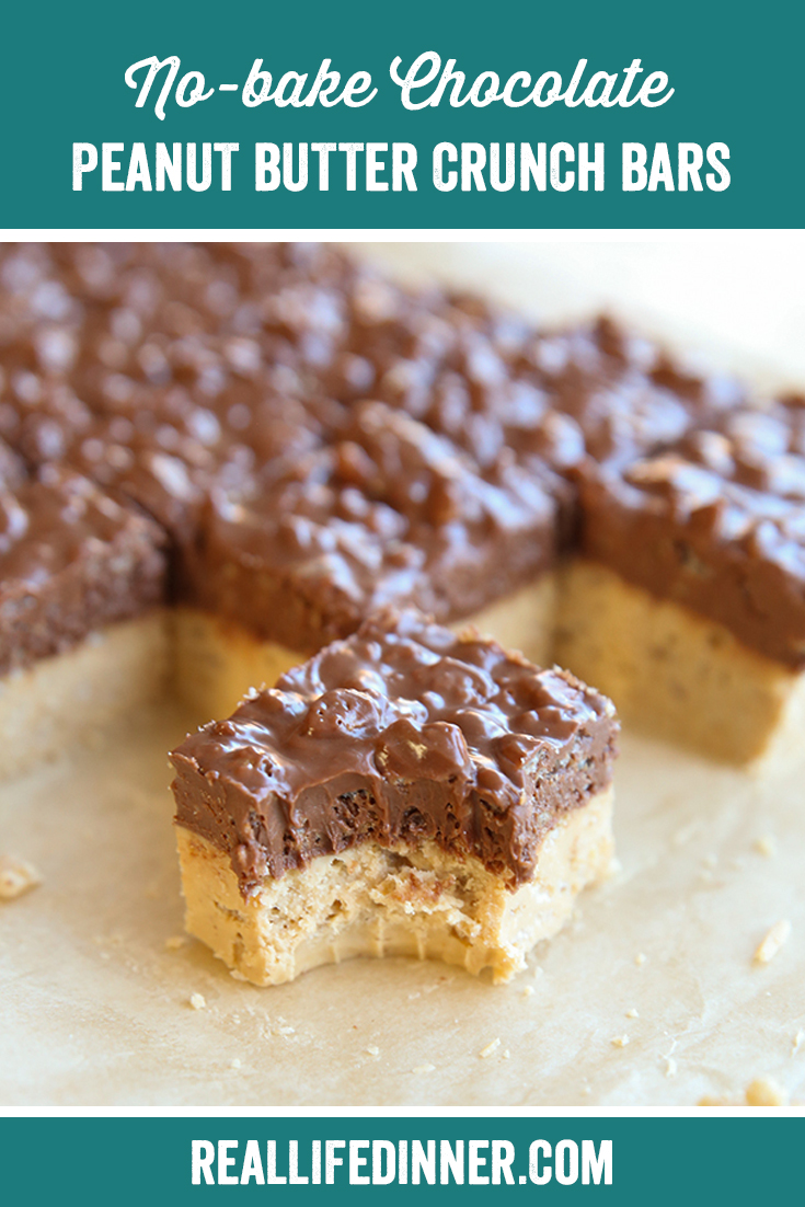 Pinterest picture of No-Bake Chocolate Peanut Butter Crunch Bars with the text of the recipe title at the top.
