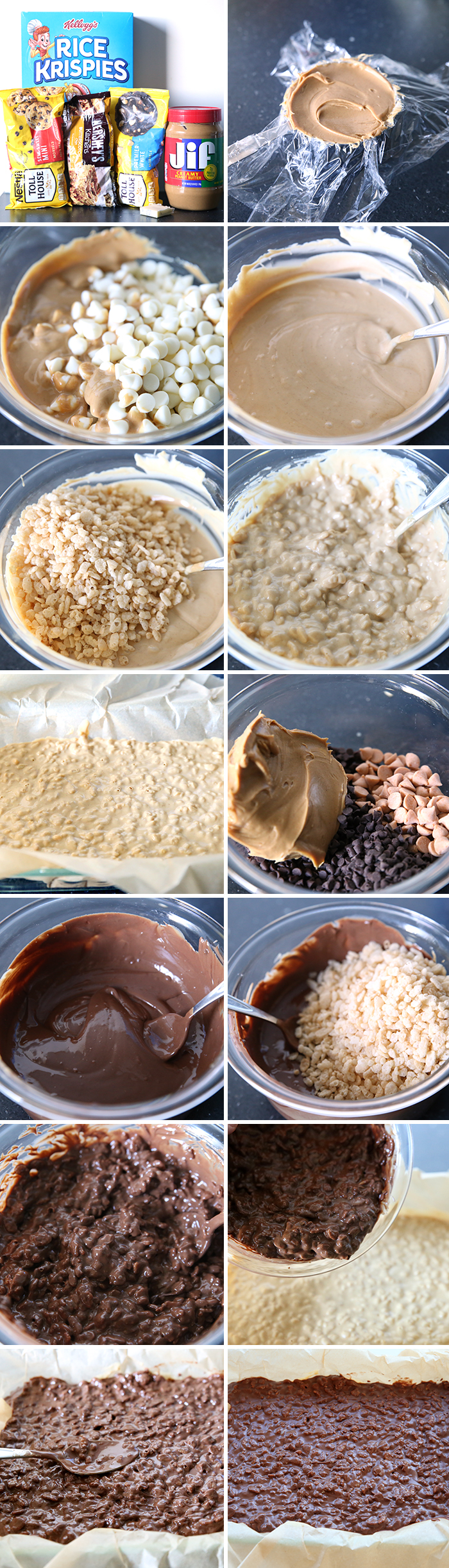 14-photo picture collage of step-by-step photos on how to make No-Bake Chocolate Peanut Butter Crunch Bars.
