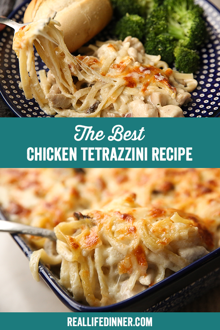 Two-photo Pinterest picture of chicken tetrazzini recipe with the text of the title in the middle.