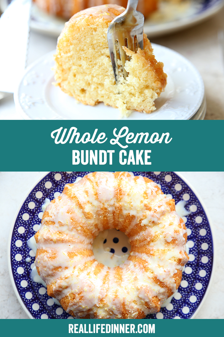 Two-photo Pinterest picture of Whole Lemon Bundt Cake with the text of the title in the middle.