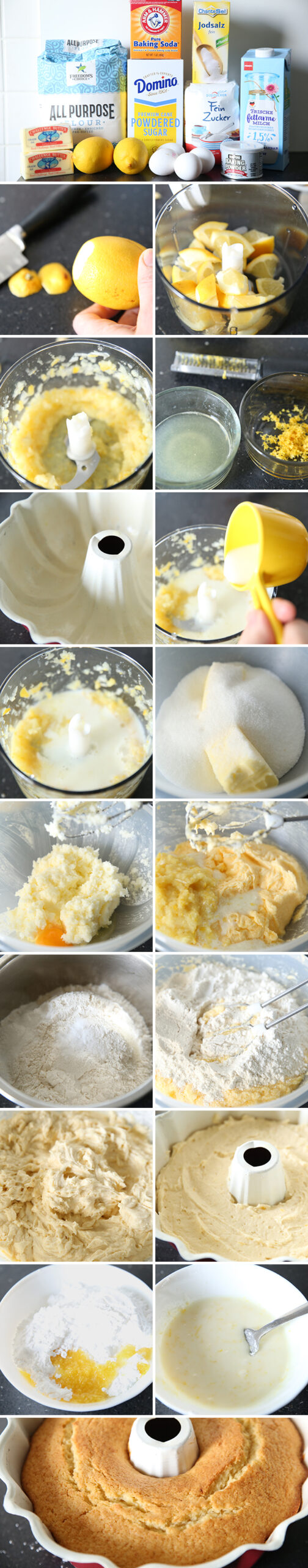18-photo picture collage of step-by-step pictures on how to make Whole Lemon Bundt Cake.