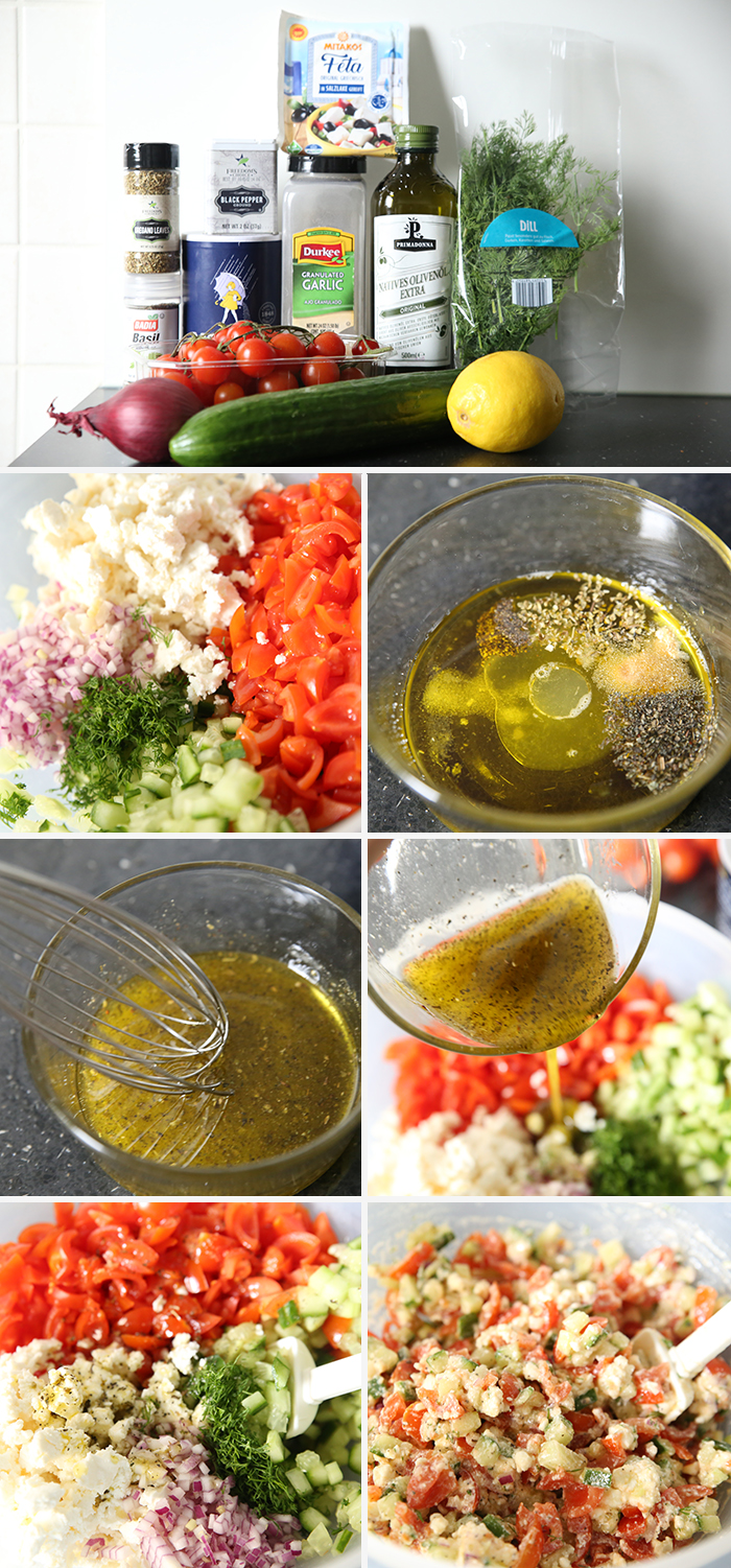 7-photo picture collage of step-by-step pictures on how to make Feta Greek Salad Dip.
