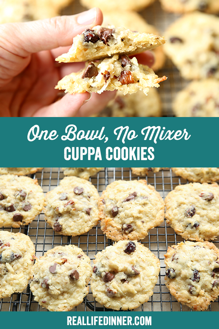 Two-photo Pinterest picture of Cuppa Cookies with the text of the title in the middle.