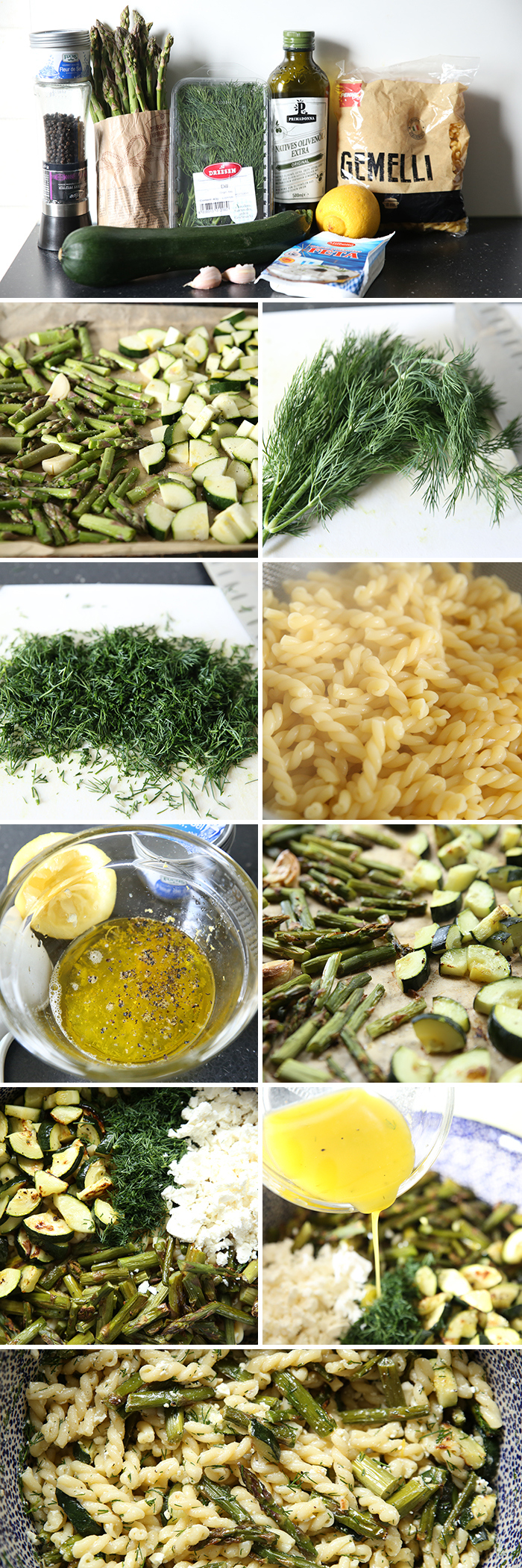 11-photo picture collage of step-by-step pictures on how to make Roasted Asparagus and Zucchini Pasta Salad with Lemon, Dill and Feta.