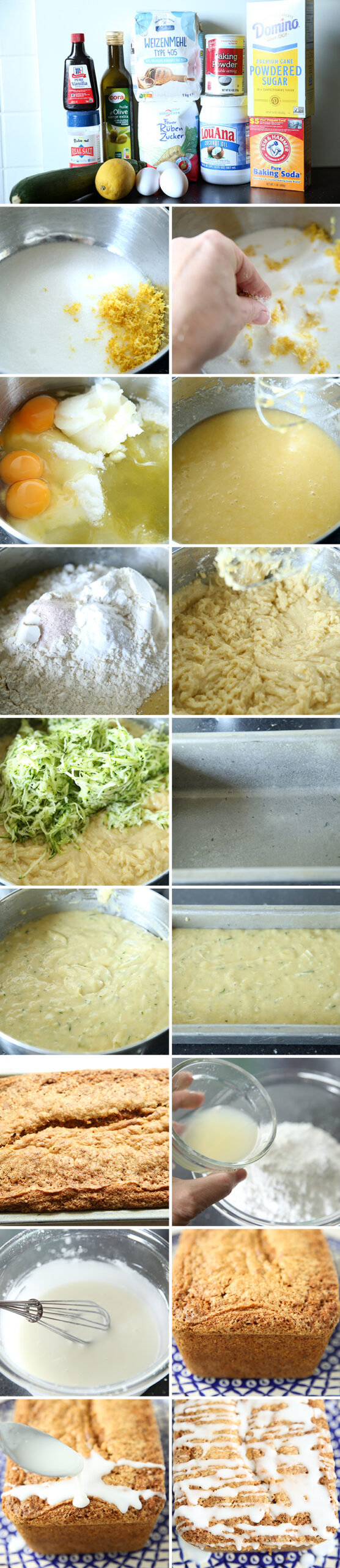 17-photo picture collage of step-by-step photos on how to make Glazed Lemon Zucchini Bread.