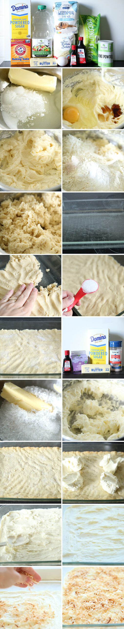 19-photo picture collage of step-by-step photos on how to make Toasted Coconut Swig Sugar Cookie Bars.