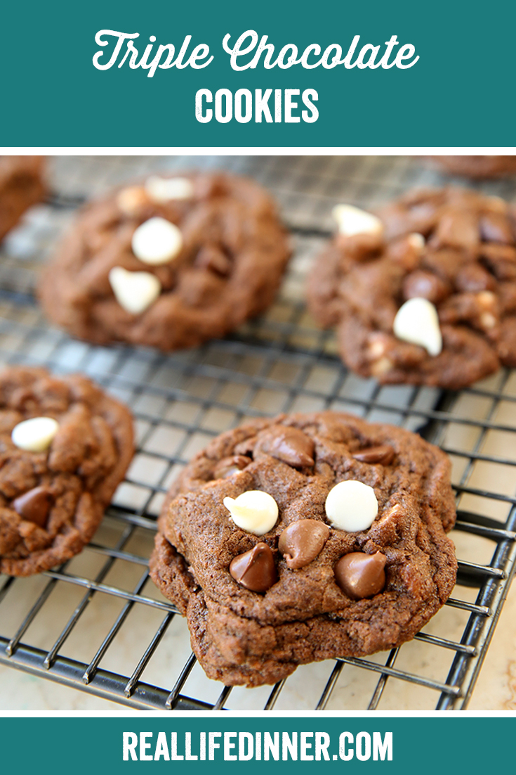 Pinterest picture of Triple Chocolate Cookies with the text of the title at the top.