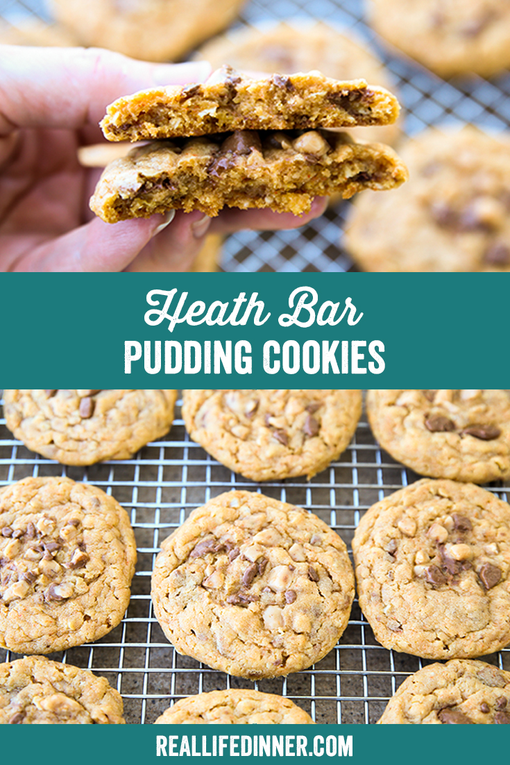 pinterest collage for Heath Bar Pudding Cookies