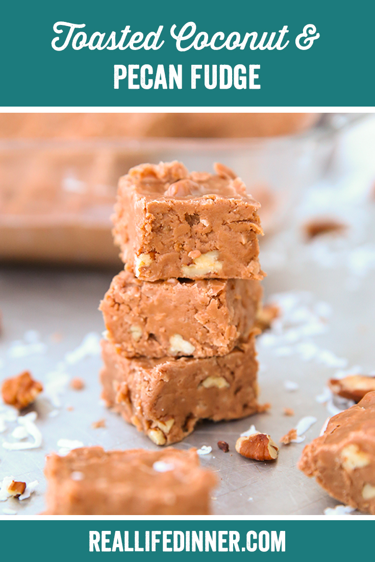 a beautiful stack of toasted coconut and pecan fudge in a pinterest image