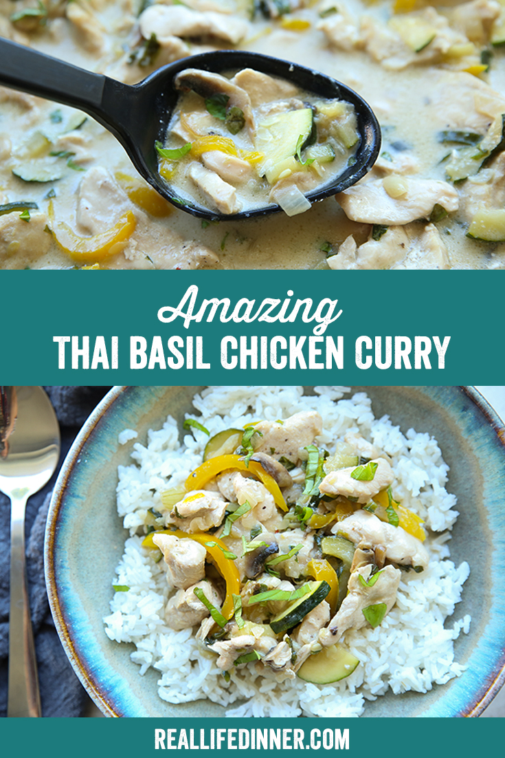 Two-photo Pinterest picture of Amazing Thai Basil Chicken Curry with the text of the title in the middle.