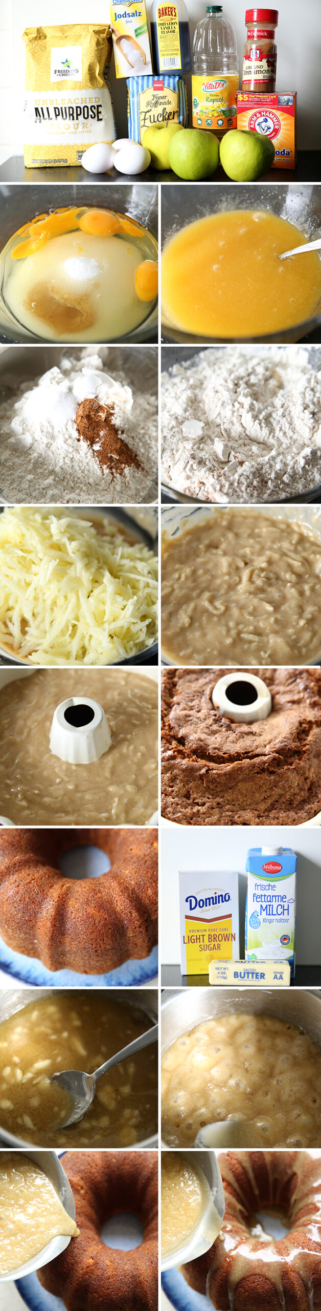 15-photo picture collage of step-by-step photos on how to make apple pound cake with caramel glaze.