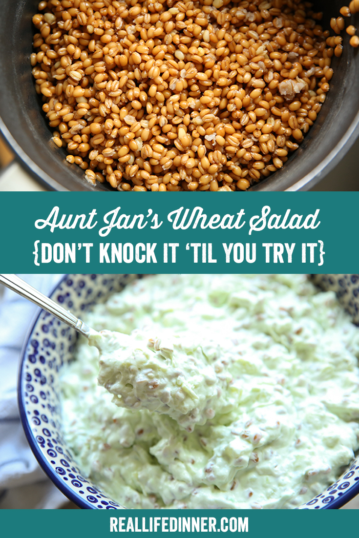 Two-photo Pinterest picture of Aunt Jan's Wheat Salad with the text of the title in the middle.