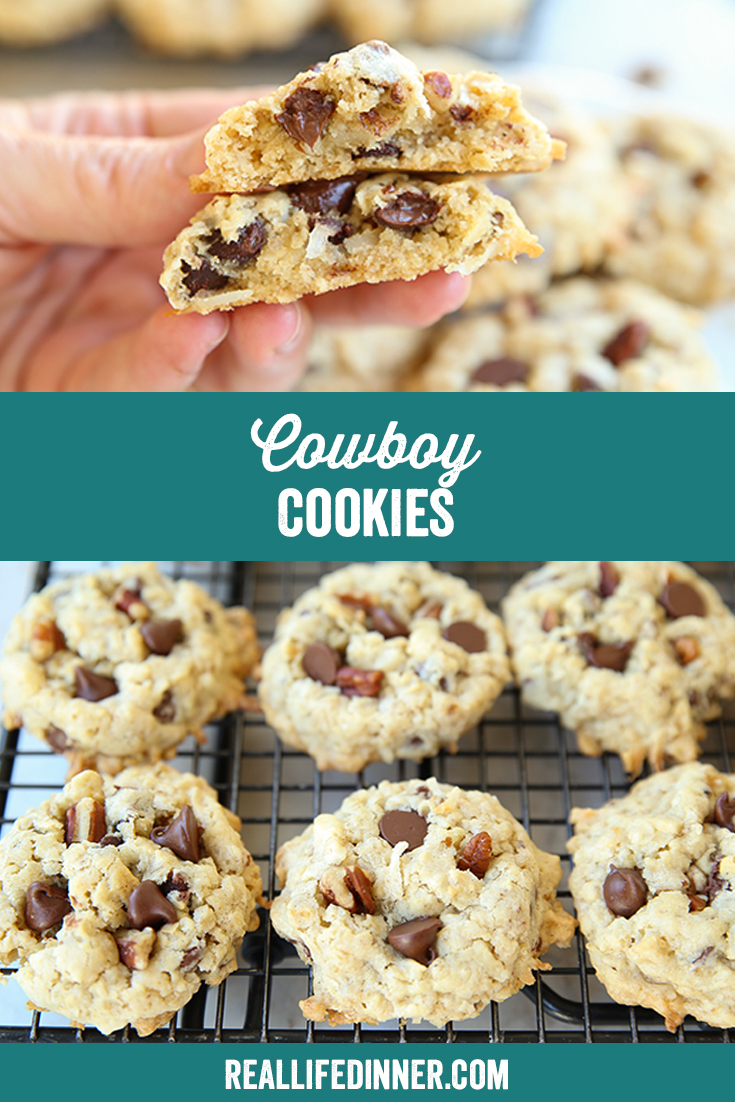 Two-photo Pinterest picture of Cowboy Cookies with the text of the title in the middle.