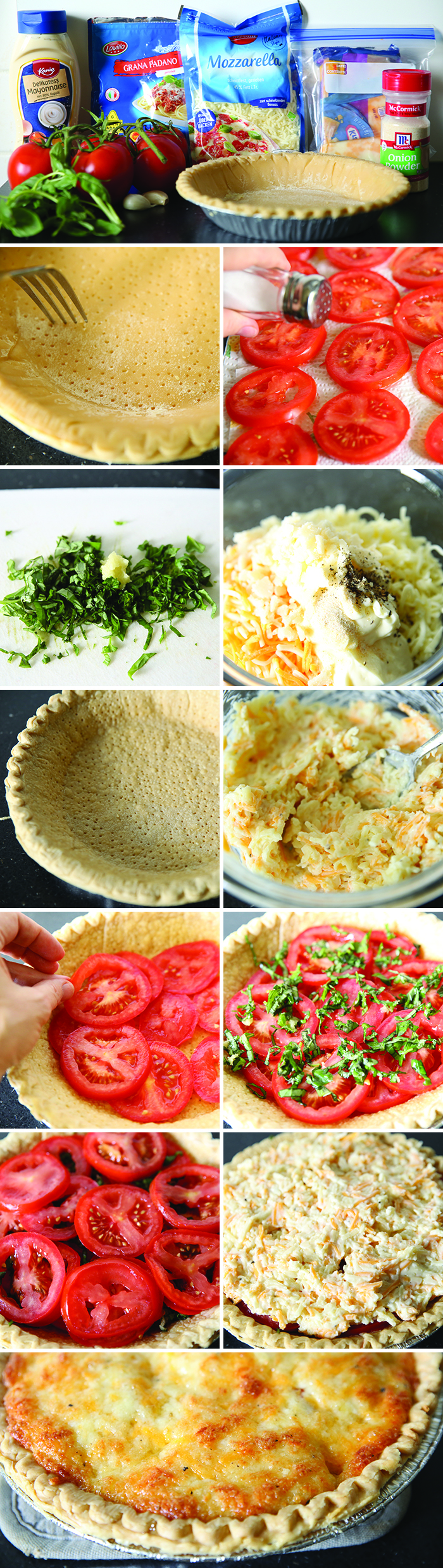 12-photo picture collage of step-by-step photos on how to make Easy Southern Tomato Pie.