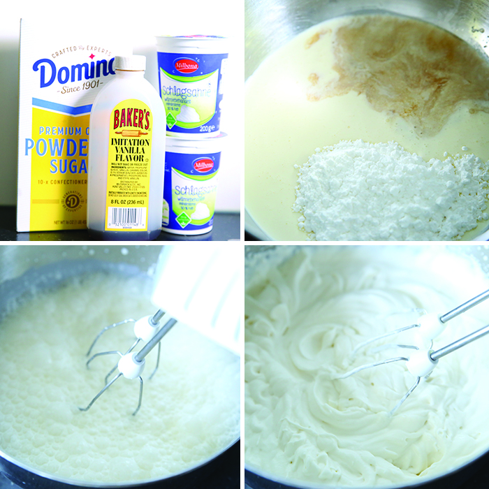 4-photo picture collage of step-by-step photos of how to make Homemade Whipping Cream.