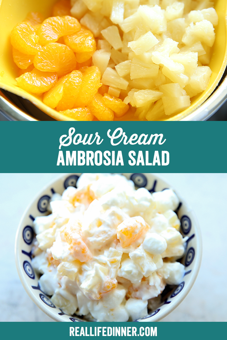 Two-photo Pinterest picture of Sour Cream Ambrosia Salad with the text of the title separating the two in the middle.