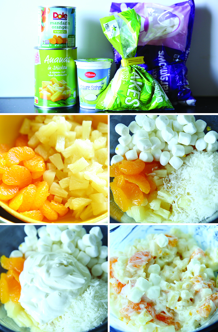 5-photo picture collage of step-by-step photos for how to make Sour Cream Ambrosia Salad