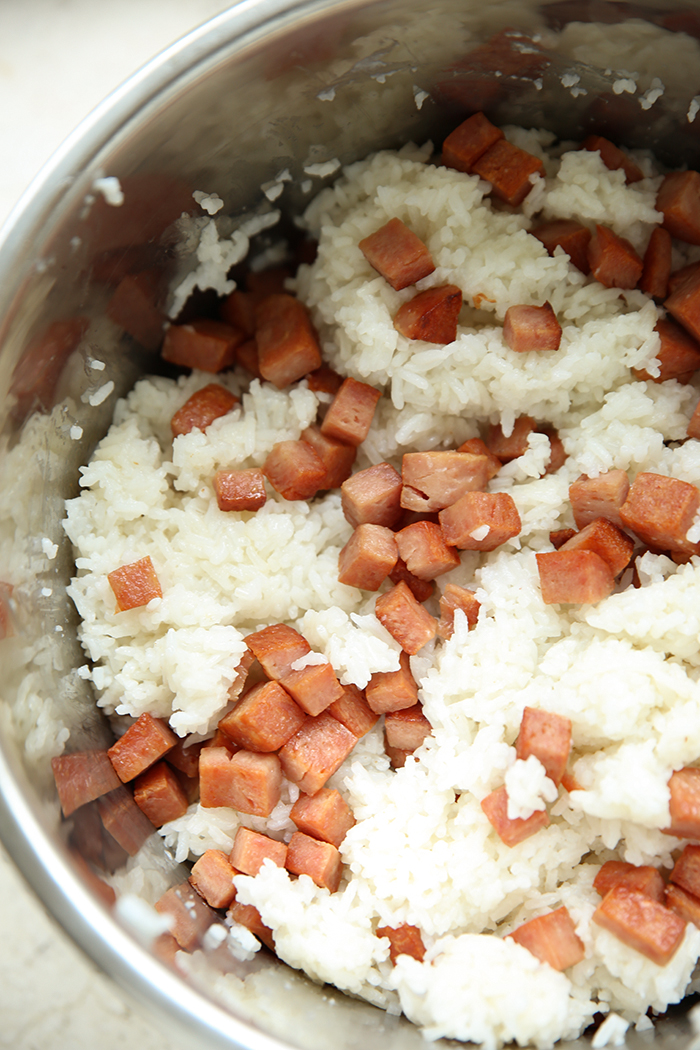 A large pot of rice and spam.