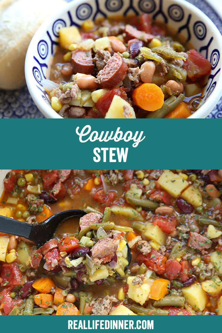 Two-photo Pinterest picture of Cowboy Stew with the text of the title separating the photos in the middle.