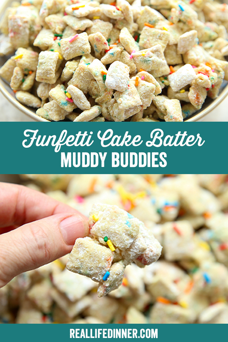 Two-photo Pinterest picture with the text "Funfetti Cake Batter Muddy Buddies" in the middle.