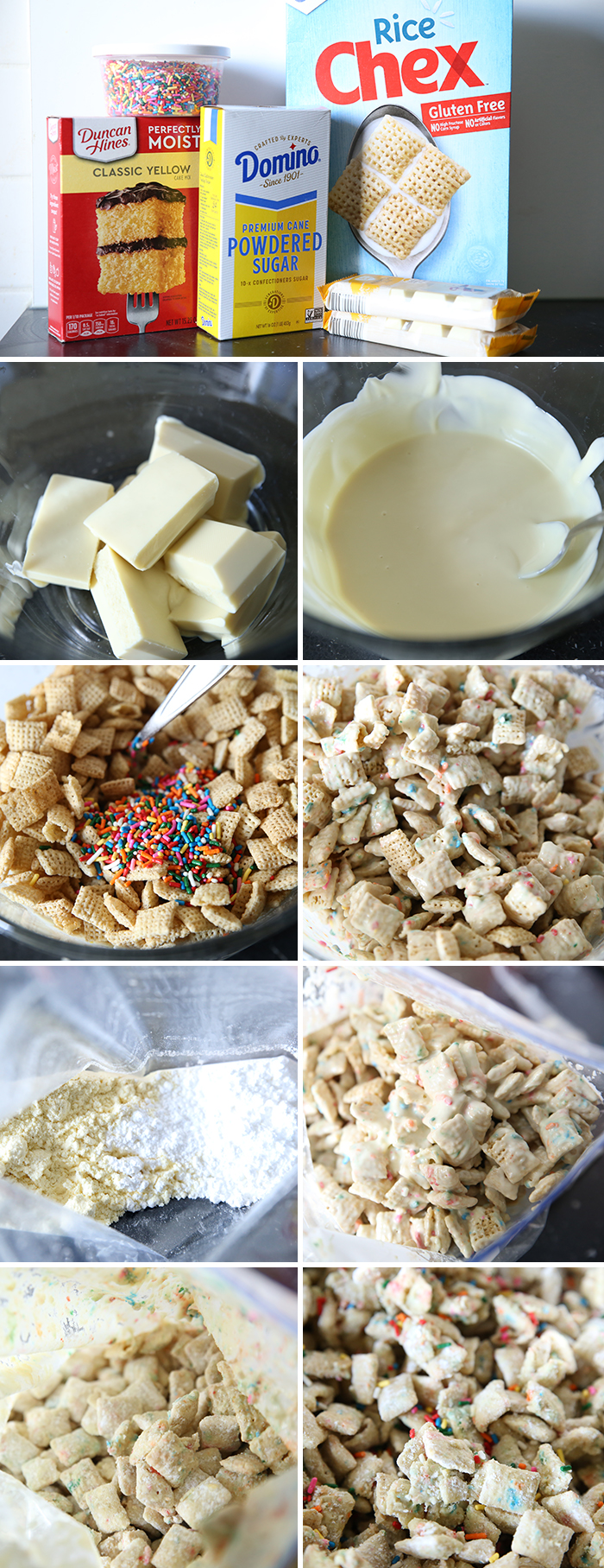 step by step pictures for how to make Funfetti Cake Mix muddy buddies