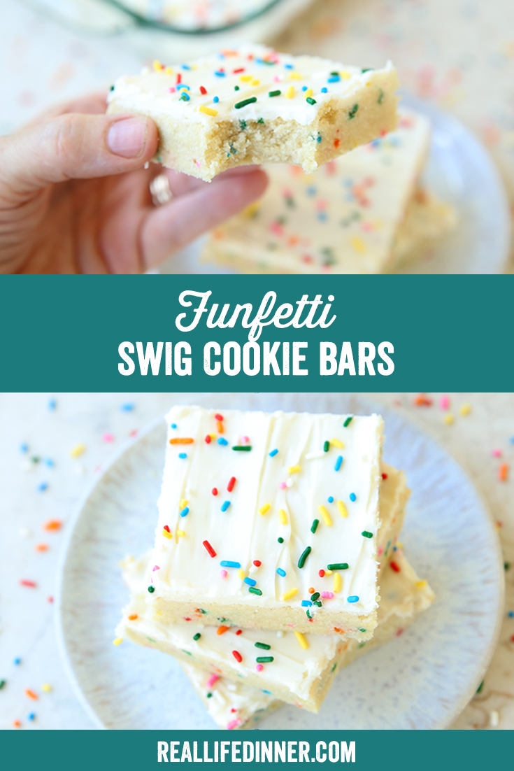 Two-photo Pinterest picture of Funfetti Swig Cookie Bars with the text of the title in the middle.