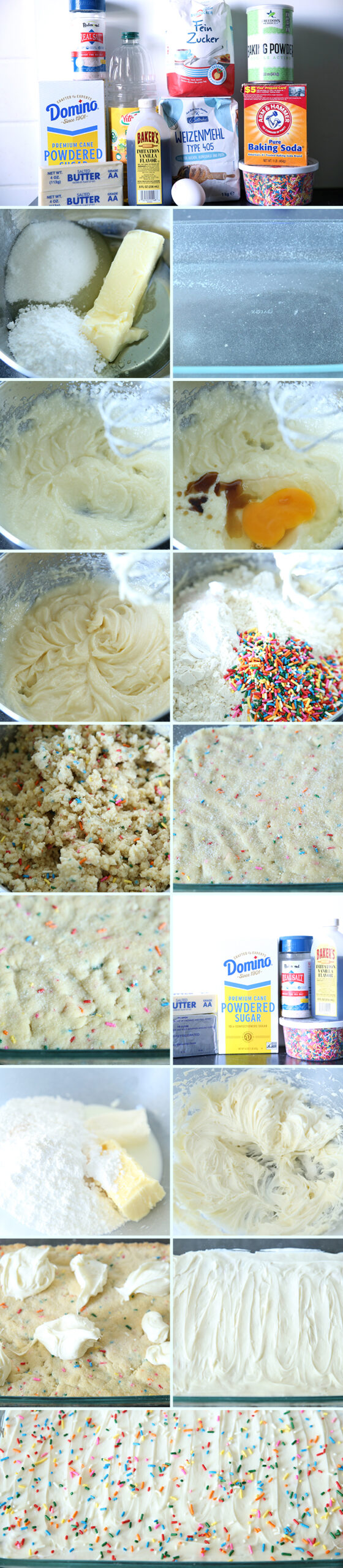 17-photo picture collage of step-by-step photos on how to make Funfetti Swig Cookie Bars.
