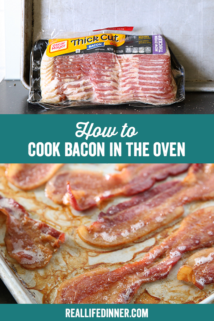 Two-photo Pinterest picture with the text "How to Cook Bacon in the Oven" in the middle.