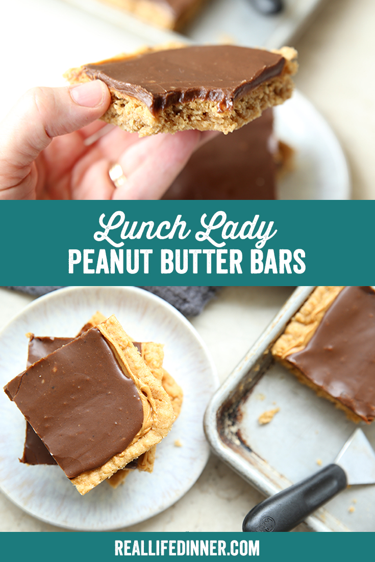 Two-photo Pinterest picture of Lunch Lady Peanut Butter Bars with the text of the title in the middle.