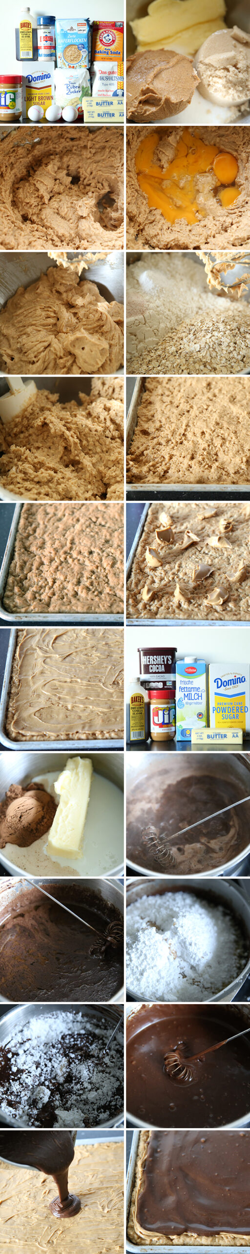 20-photo picture collage of step-by-step photos on how to make lunch lady peanut butter bars.