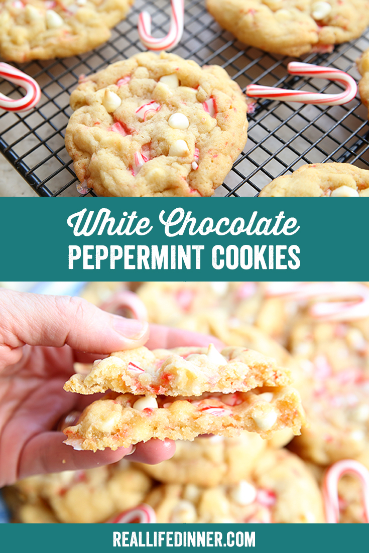 Two-photo Pinterest picture of White Chocolate Peppermint Cookies with the text of the title in the middle.