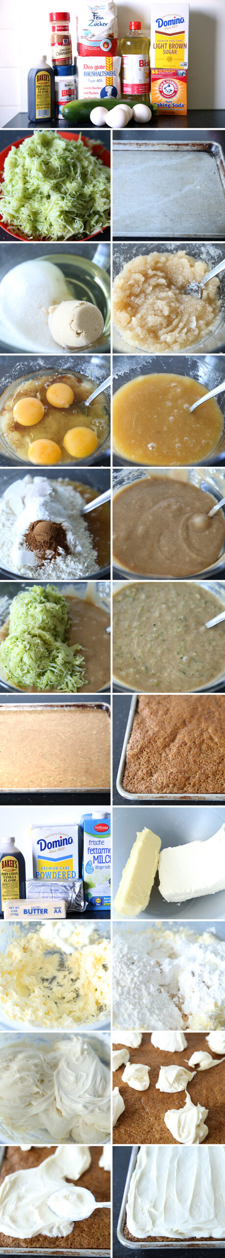 21-photo picture collage of step-by-step directions on how to make Zucchini Sheet Cake with Cream Cheese Frosting.