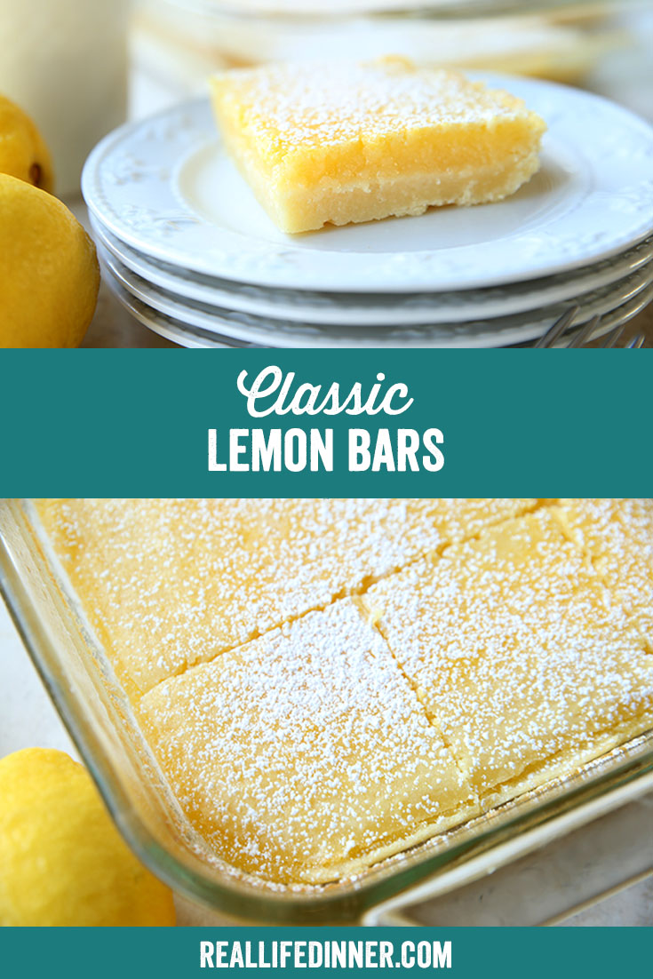 Two-photo Pinterest picture of Classic Lemon Bars with the text of the title in the middle.