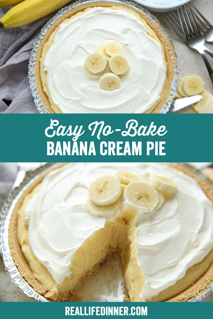 Two-photo Pinterest picture of banana cream pie with the text of the title in the middle.
