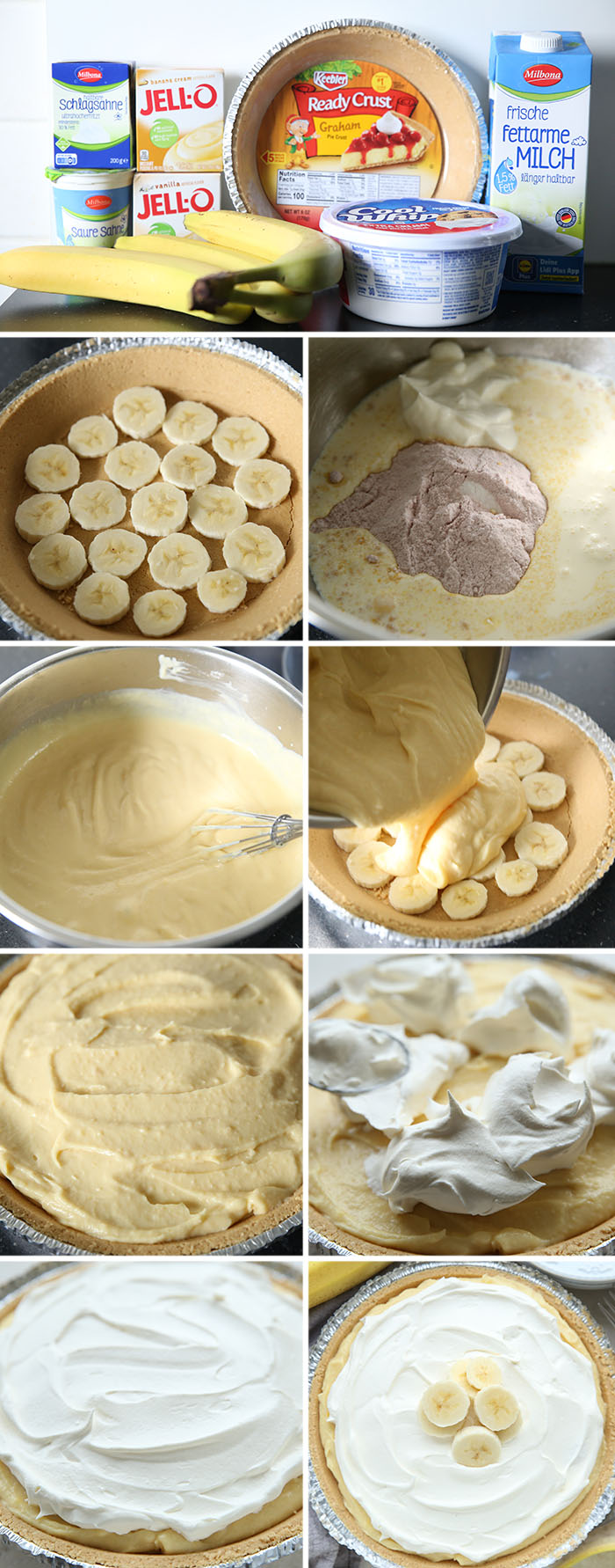9-photo picture collage of step-by-step photos on how to make Easy No-Bake Banana Cream Pie