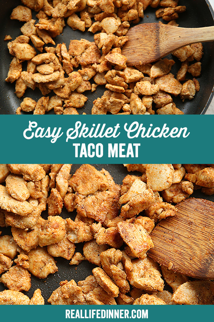 Two-photo Pinterest picture of Easy Skillet Chicken Taco Meat with the text of the title in the middle.