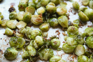 Roasted Parmesan Brussel Sprouts on a sheet pan.