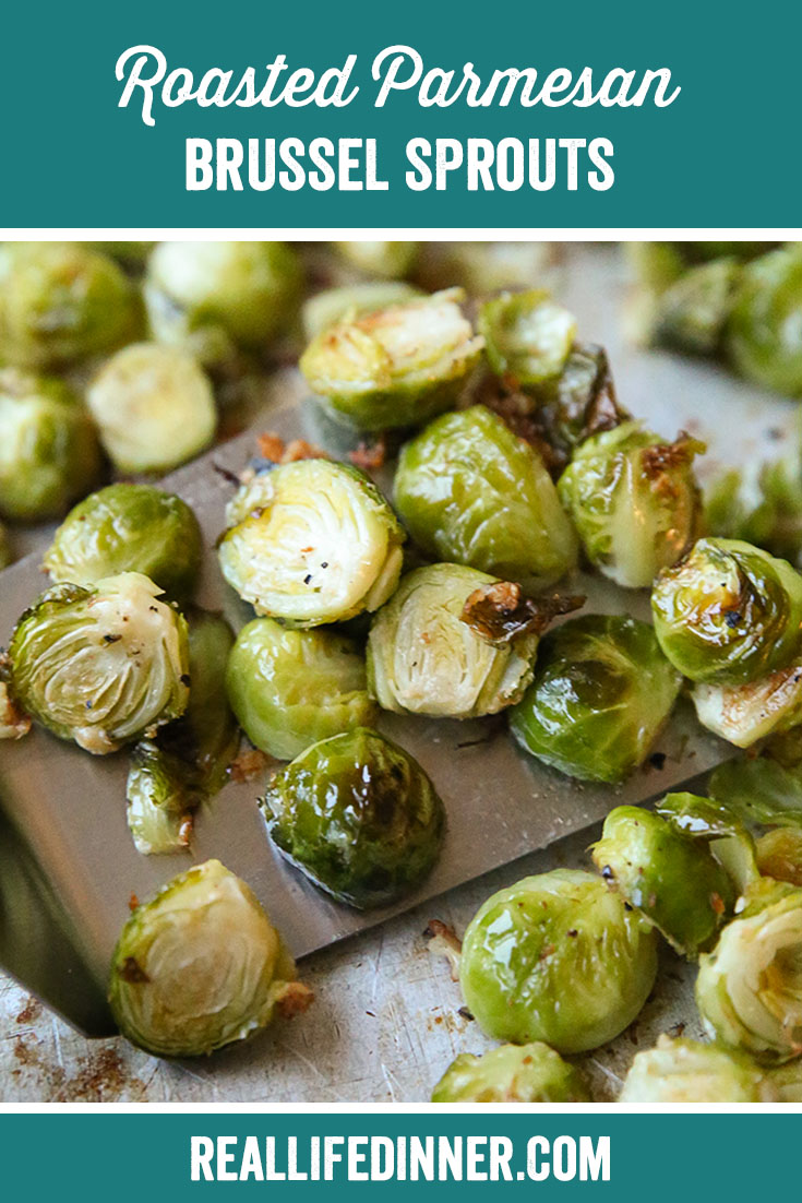 Pinterest picture of roasted parmesan Brussels sprouts with the text of the title at the top.