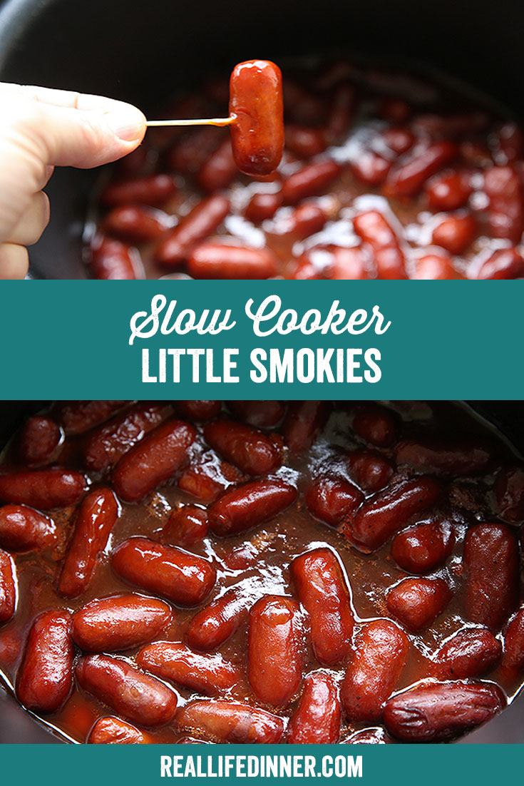 Two-photo Pinterest picture with the text Slow Cooker Little Smokies in the middle.