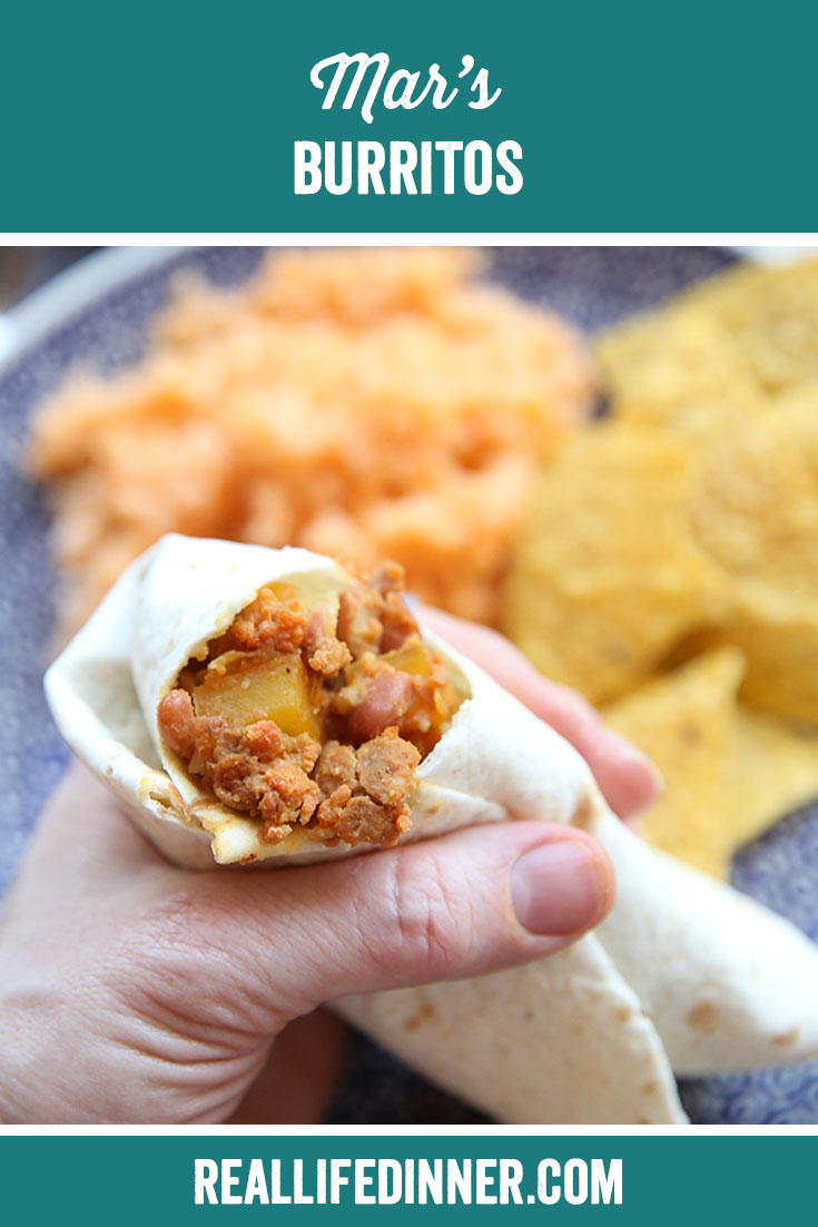Pinterest picture of Mar's Burritos with the text of the title of the recipe at the top.