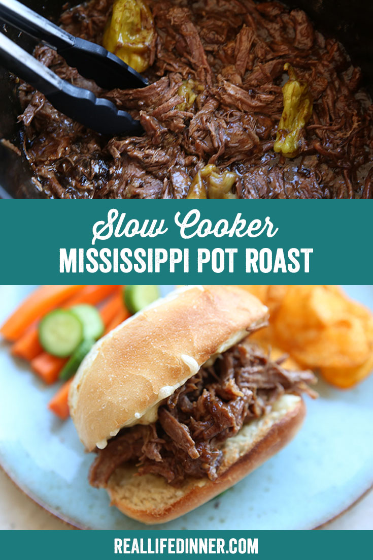 Two-photo Pinterest picture with the text "Slow Cooker Mississippi Pot Roast" in the middle.