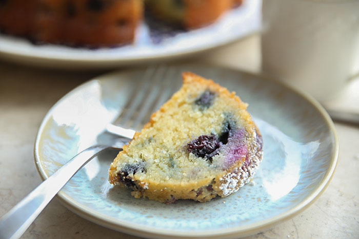 A slice of blueberry lemon ricotta cake on a small plate with a fork next to the slice on the left. Faded in the background is a bundt cake with a slice missing.