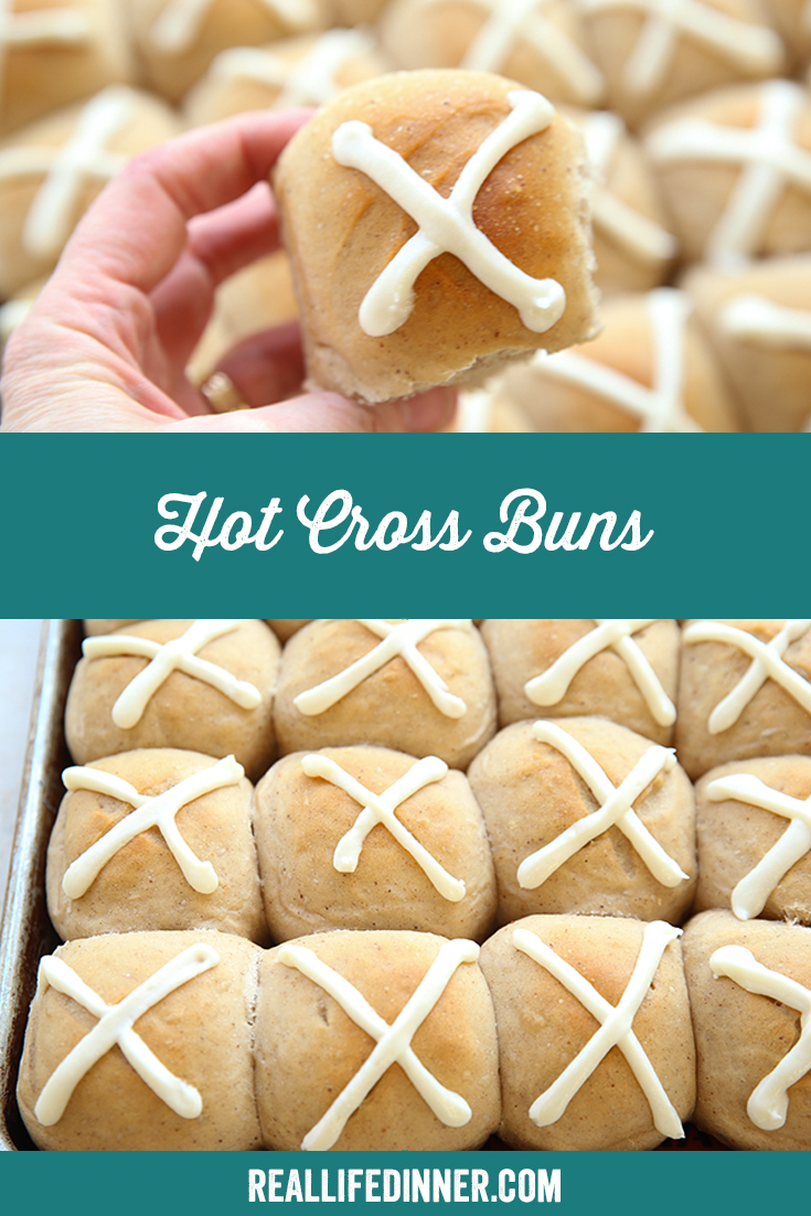 Two-photo Pinterest picture with the text "Hot Cross Buns" in the middle.