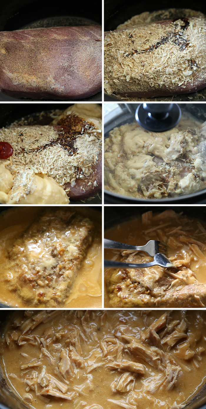 7-photo picture collage of step-by-step photos of how to make Slow Cooker Pork Roast and Gravy.